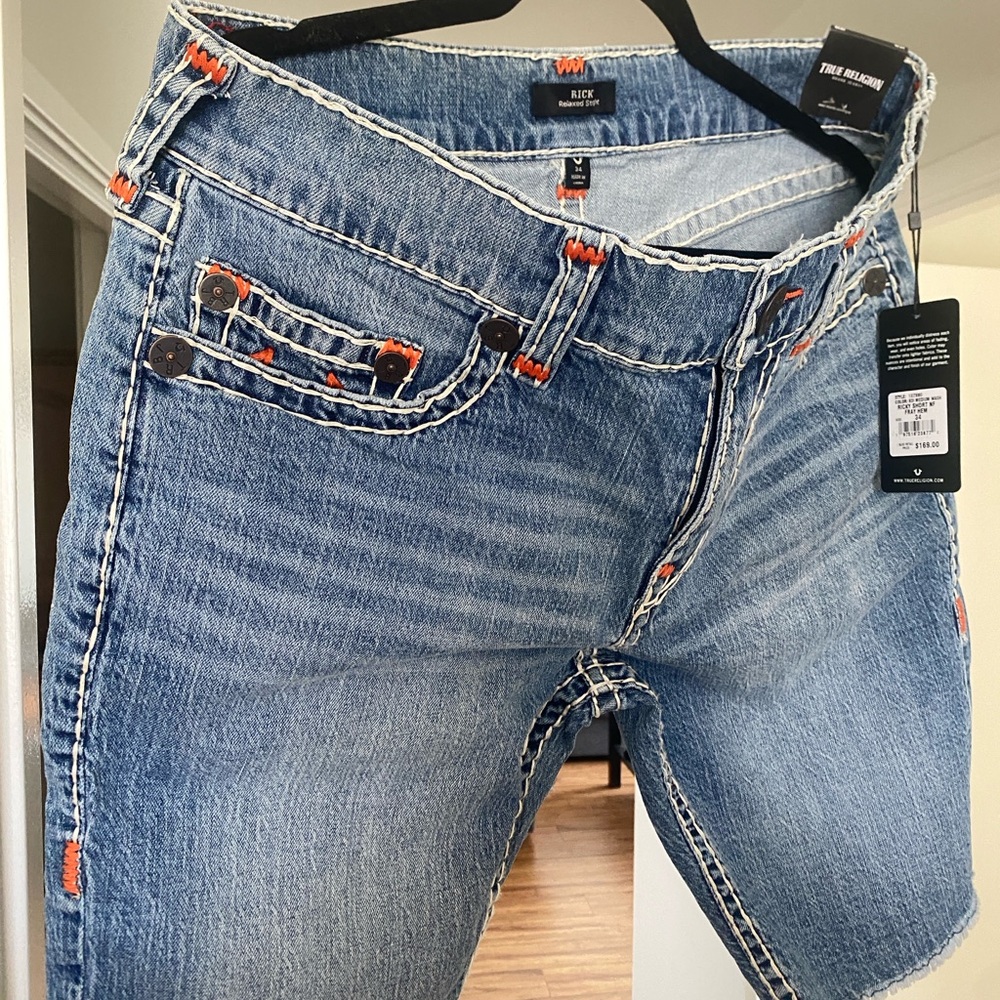 True Religion Blue and Orange Jean Shorts with Distressed Details